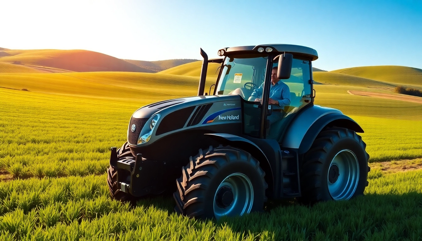 New Holland Traktoren in einem großen Feld, umgeben von grünem Ackerland und blauen Himmel.