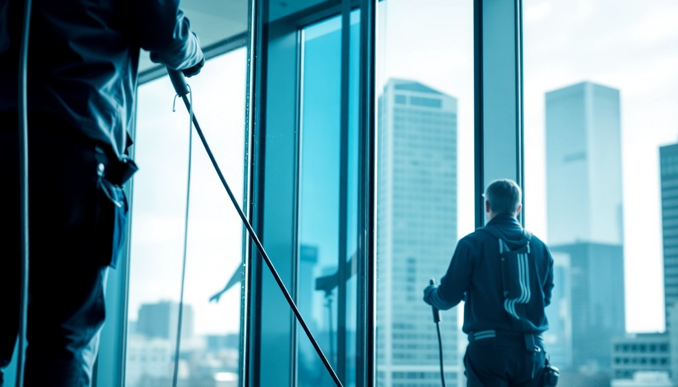 Window cleaners Sioux Falls ensuring sparkling clean windows on a commercial building.