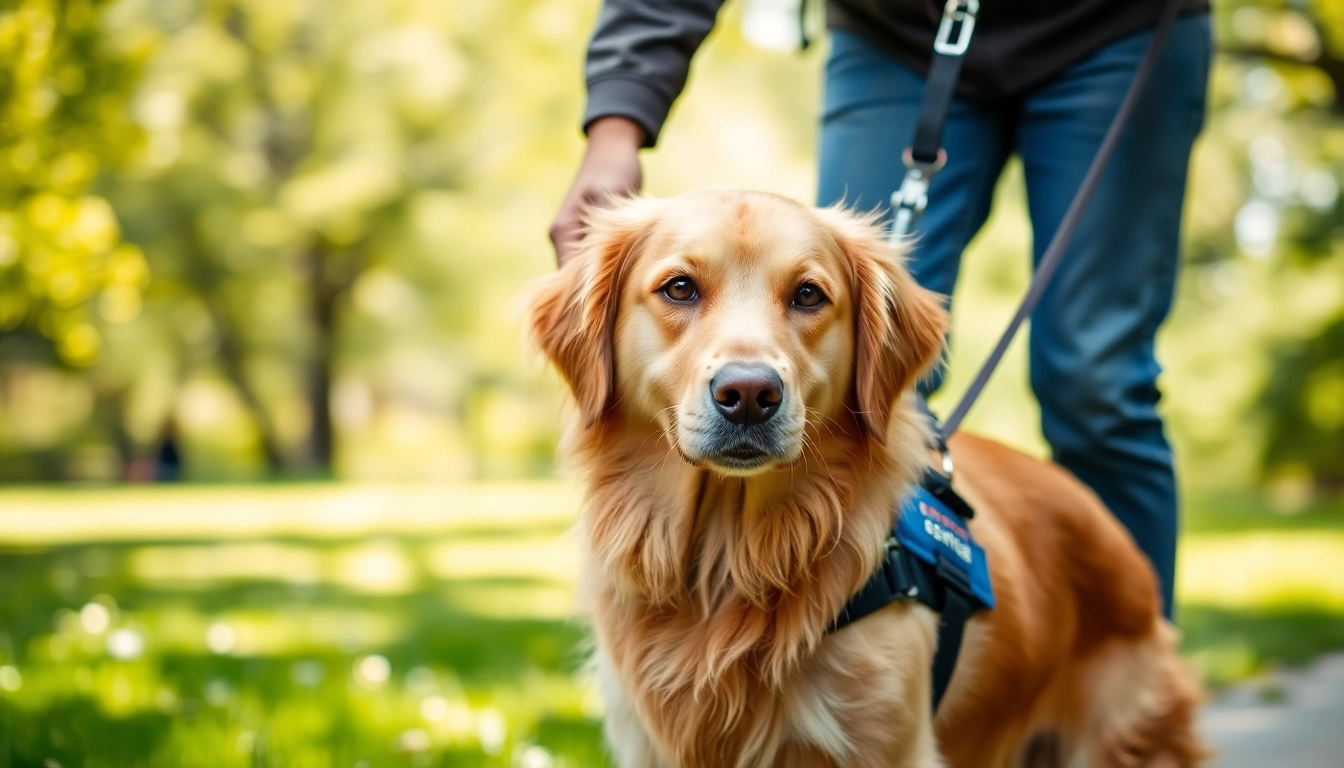 Service dogs for sale with a golden retriever assisting a person in a park, showcasing training and companionship.