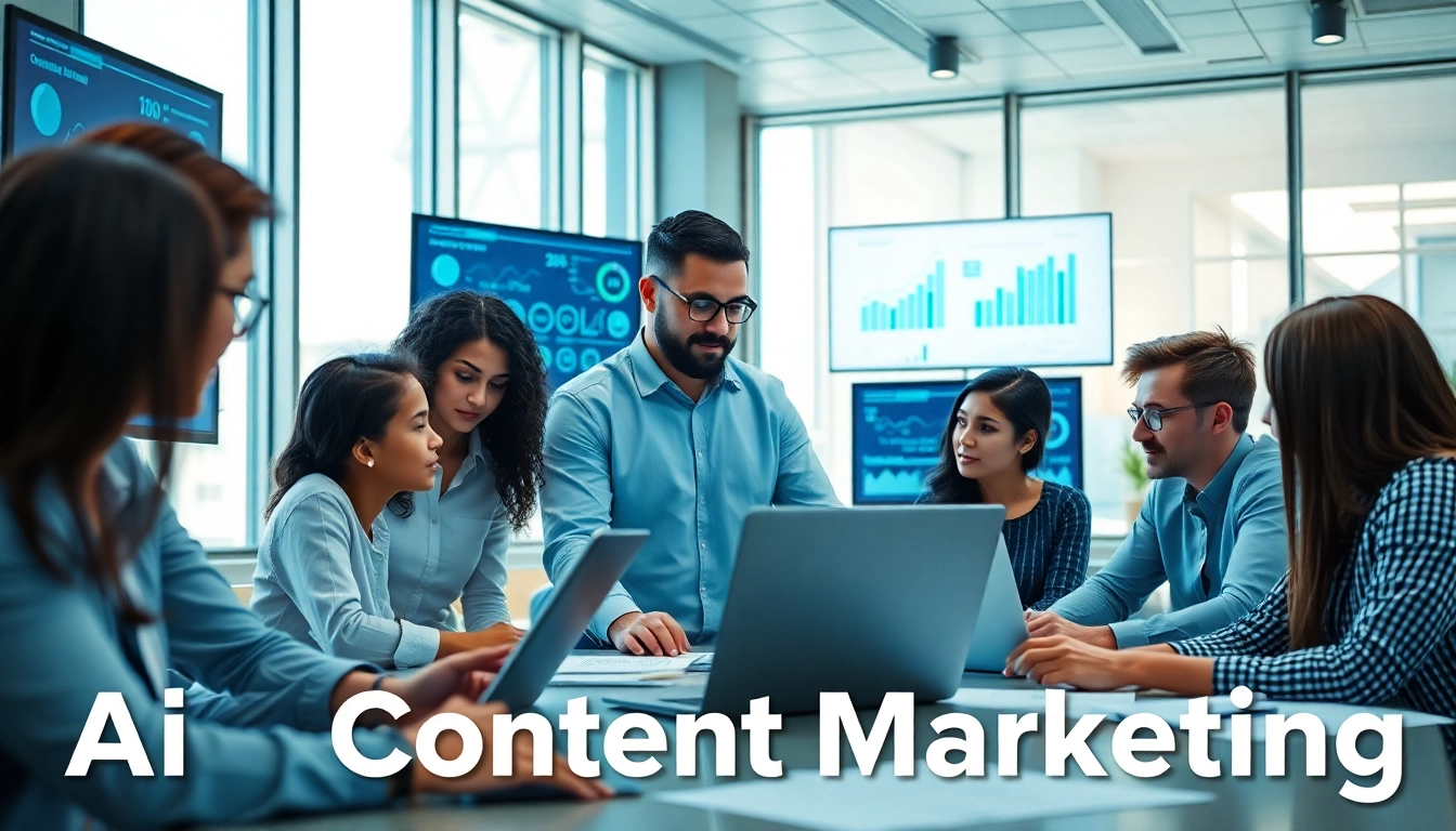 Engaging visual of a diverse team using an AI content marketing platform to analyze strategies.