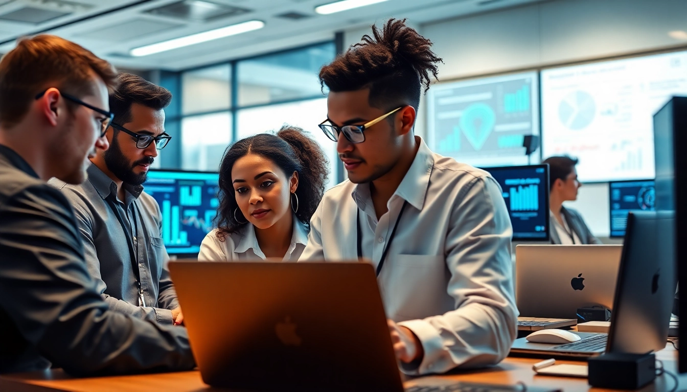 Showcasing managed IT support, a team of professionals collaborates in a modern office setting.