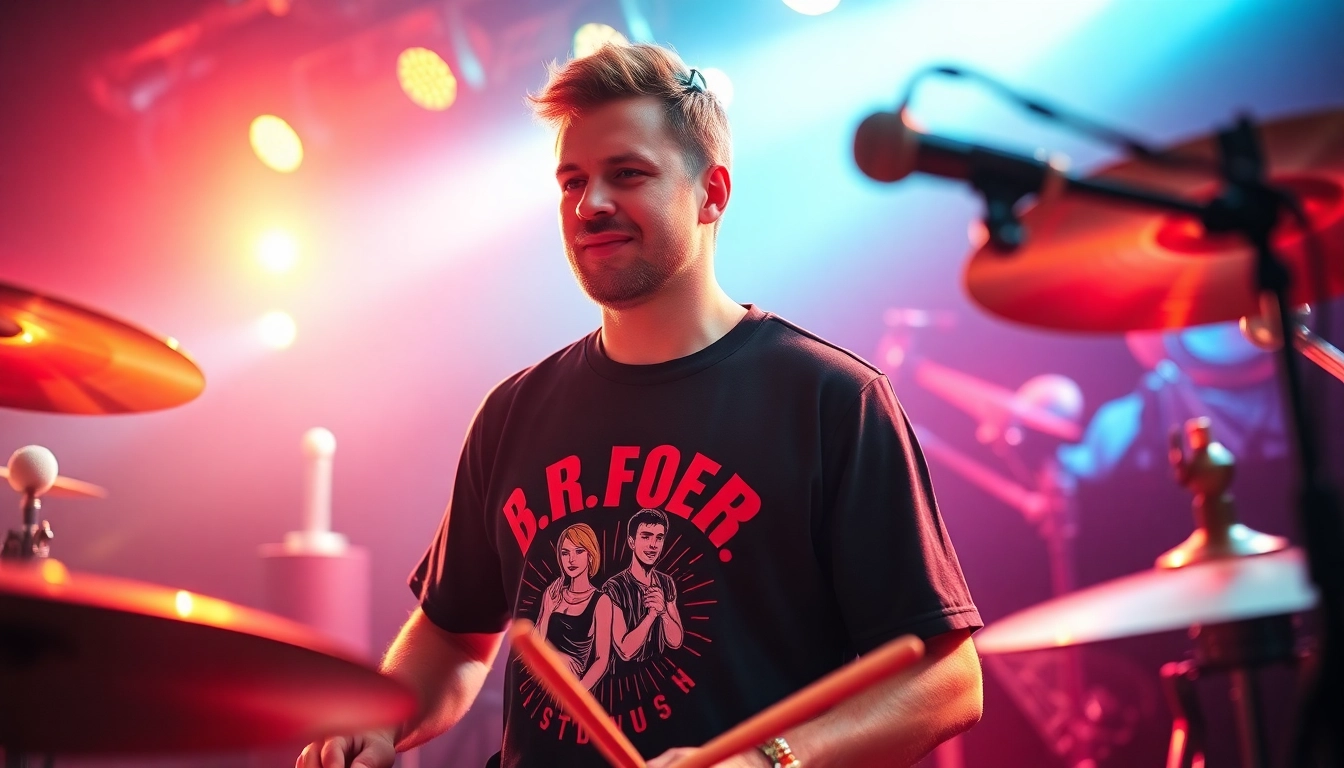 Showcase of drummer shirts worn by a professional drummer performing live.