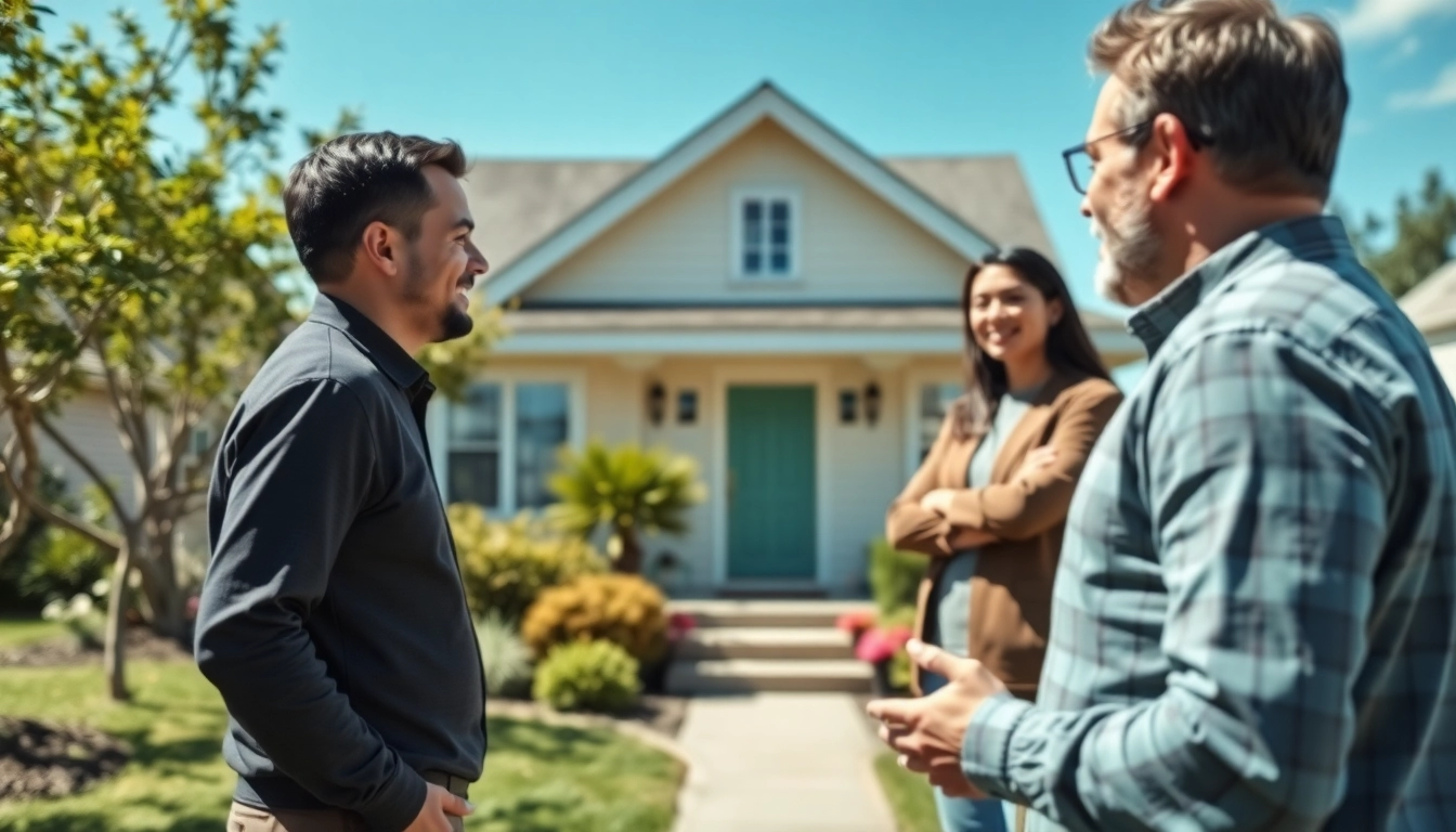 Engaged direct home buyers discussing the sale of a home in a welcoming suburban neighborhood.