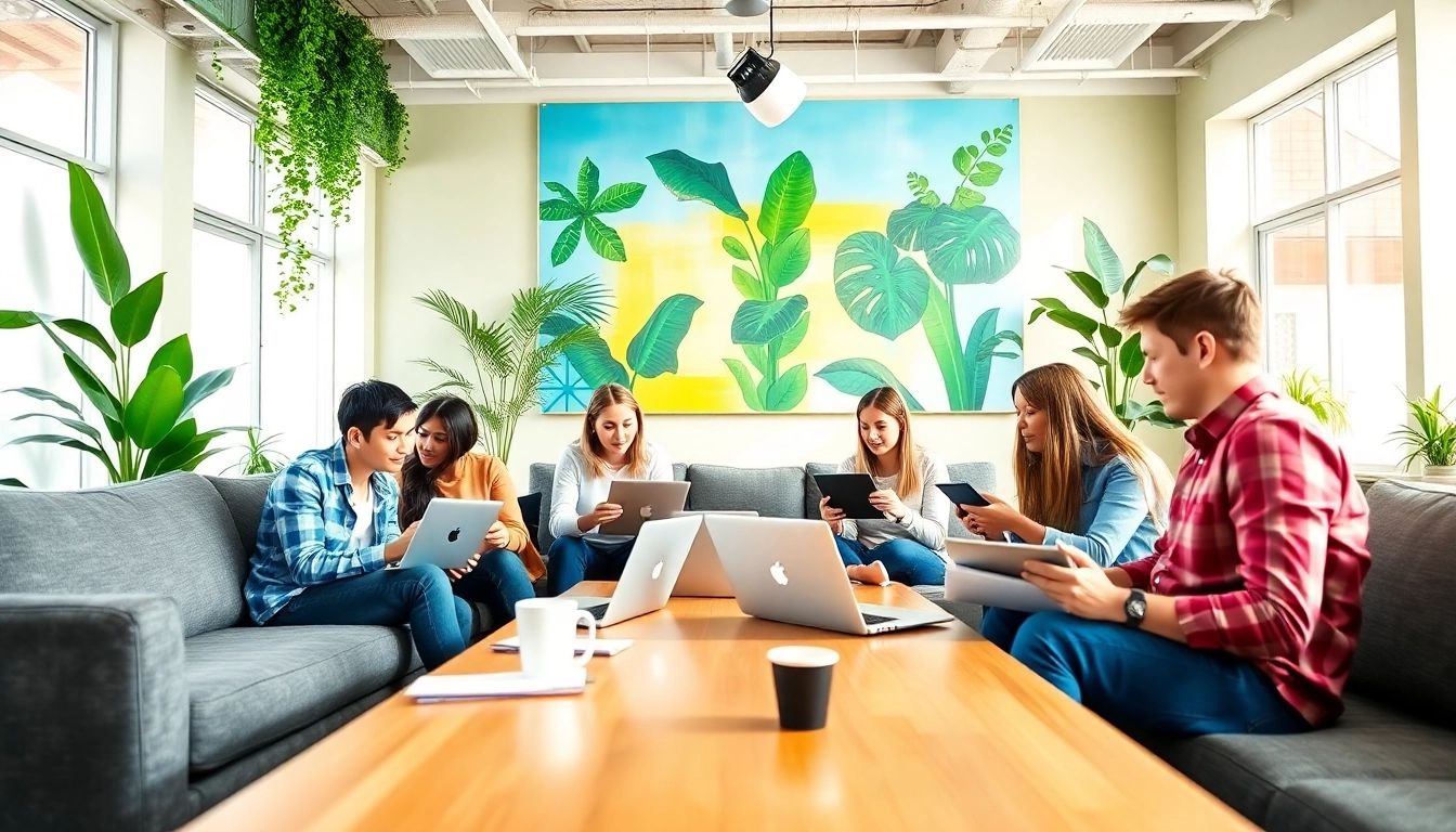 Engaged social media agency team strategizing in a vibrant workspace.