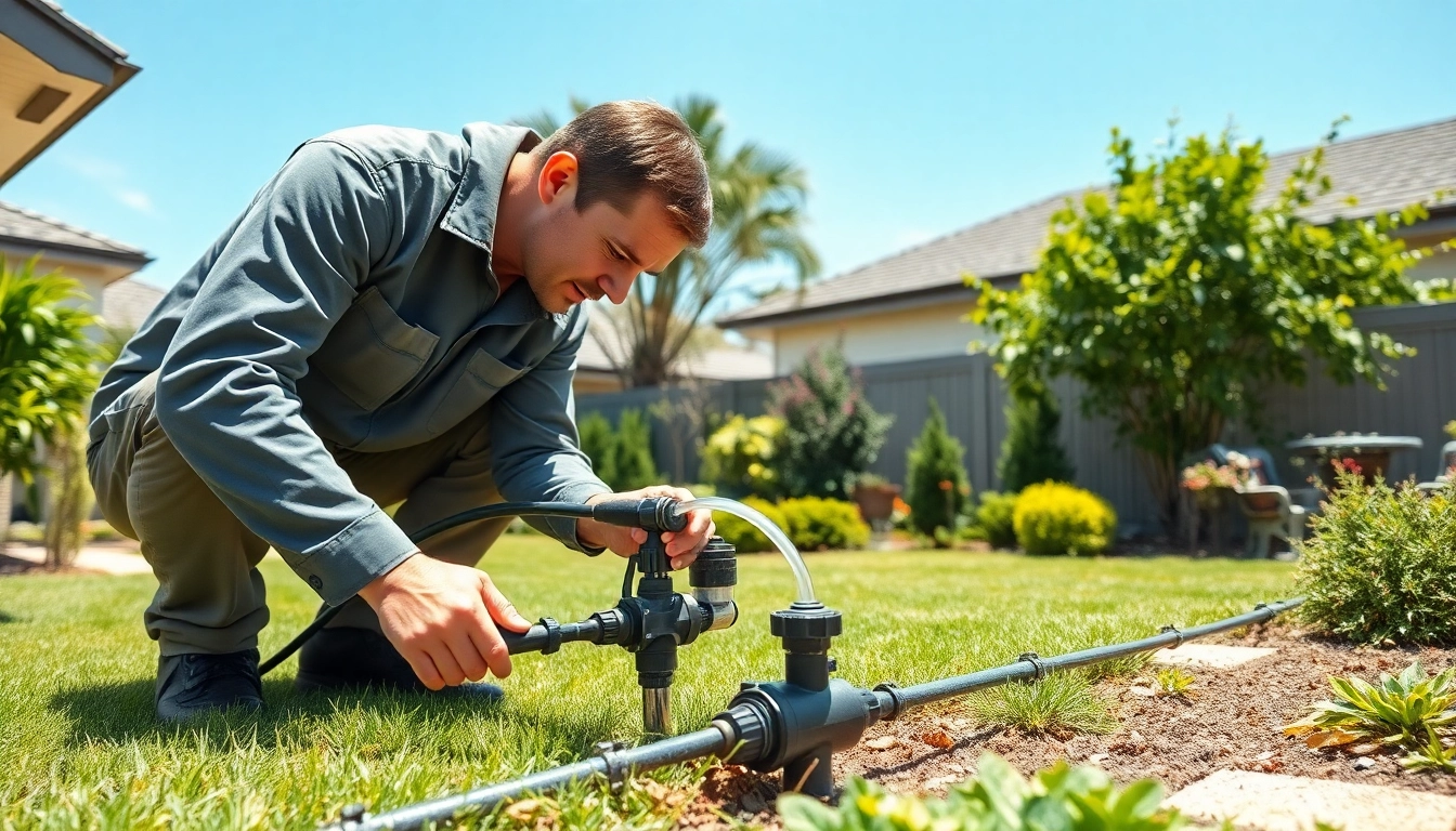 Refilling a termite reticulation system by a professional technician in a sunny backyard.