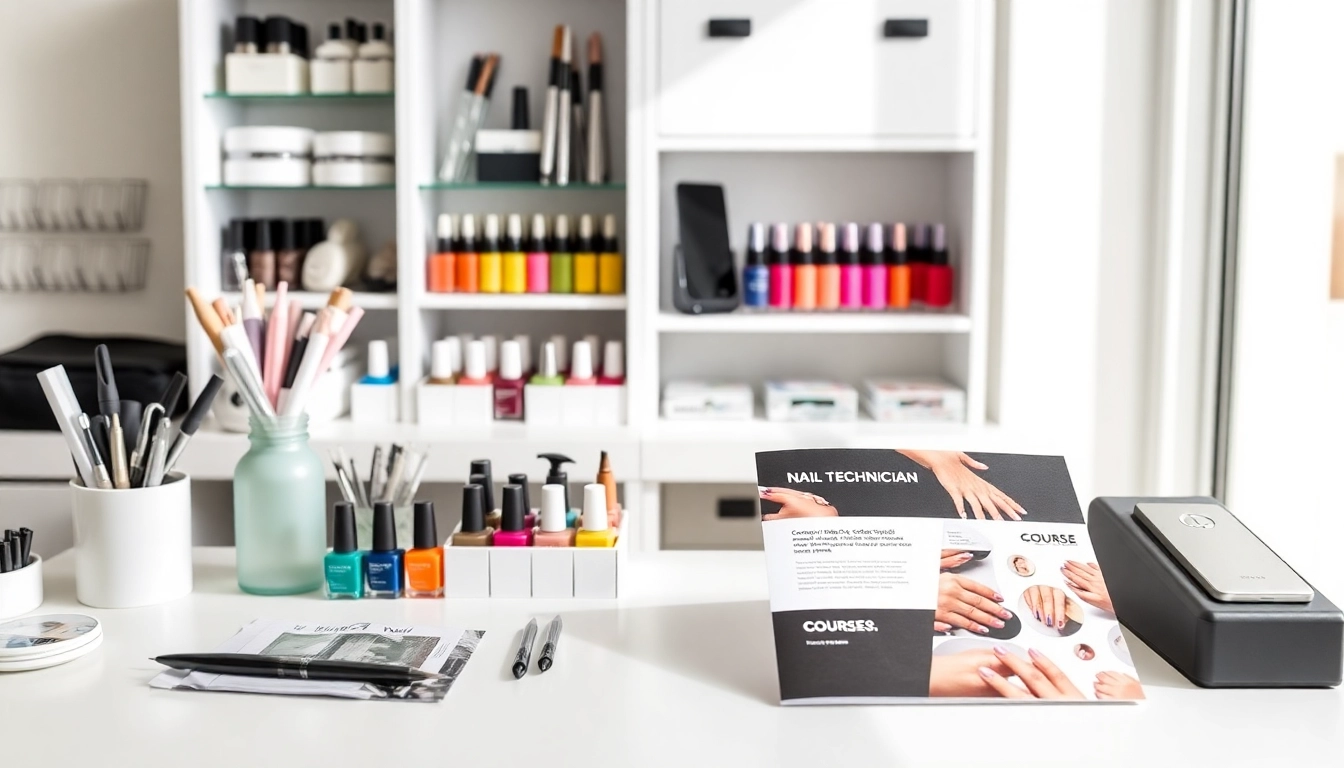 Nail Technician Course materials displayed with colorful tools and gels showcasing professional training.