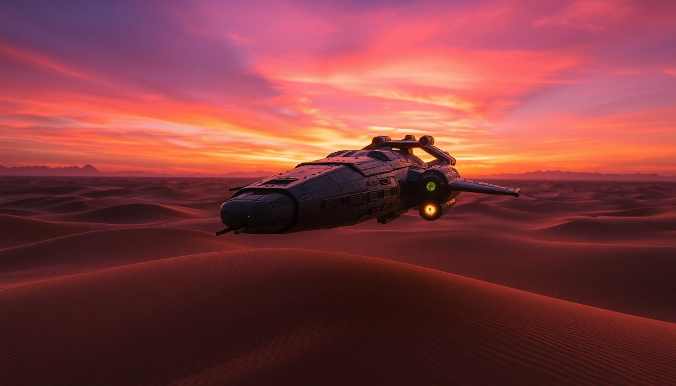 Action-packed Dune 2 download game spaceship battleship soaring above a futuristic desert.