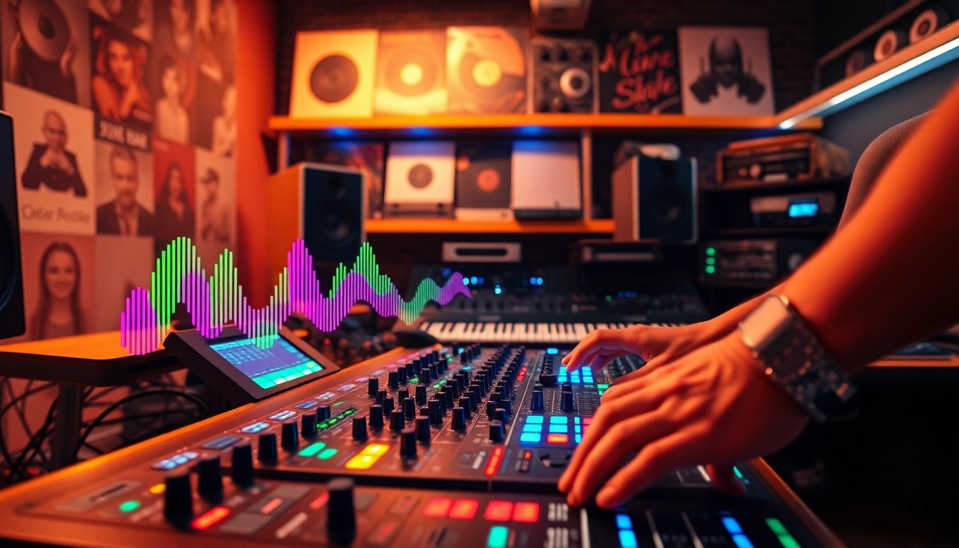 Mixing bass house presets in a modern electronic music studio with gear and colorful lights.