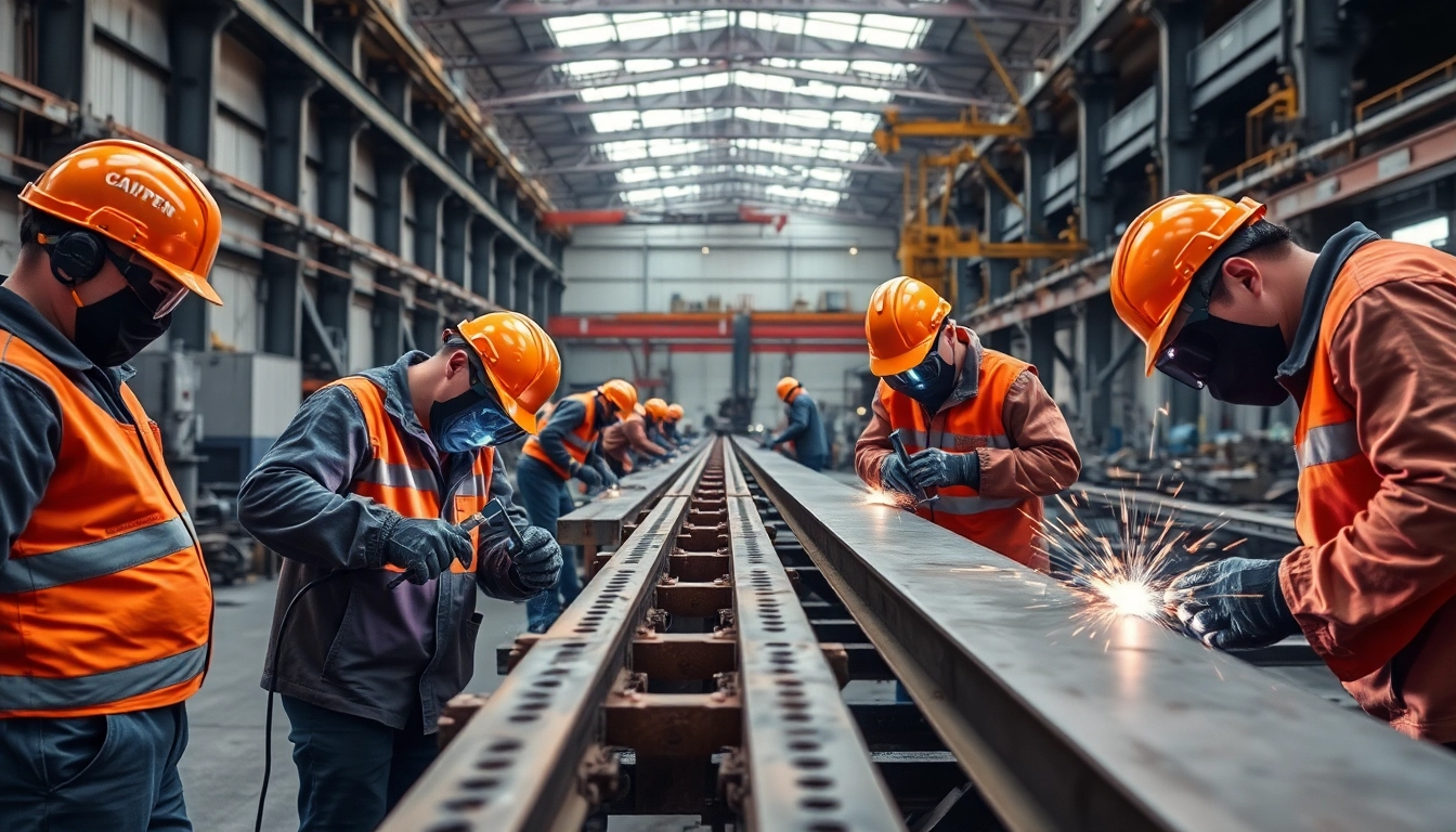 Workers involved in structural steel fabrication in a bustling industrial workshop, showcasing metal cutting and welding processes.