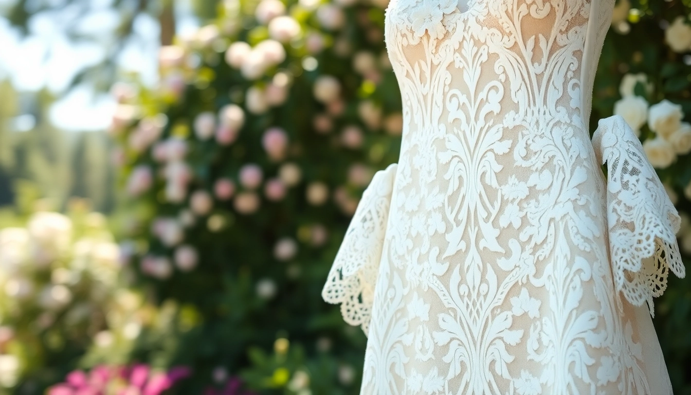 Brides enjoying the beauty of Lace Wedding Dresses in an elegant outdoor setting with floral patterns.