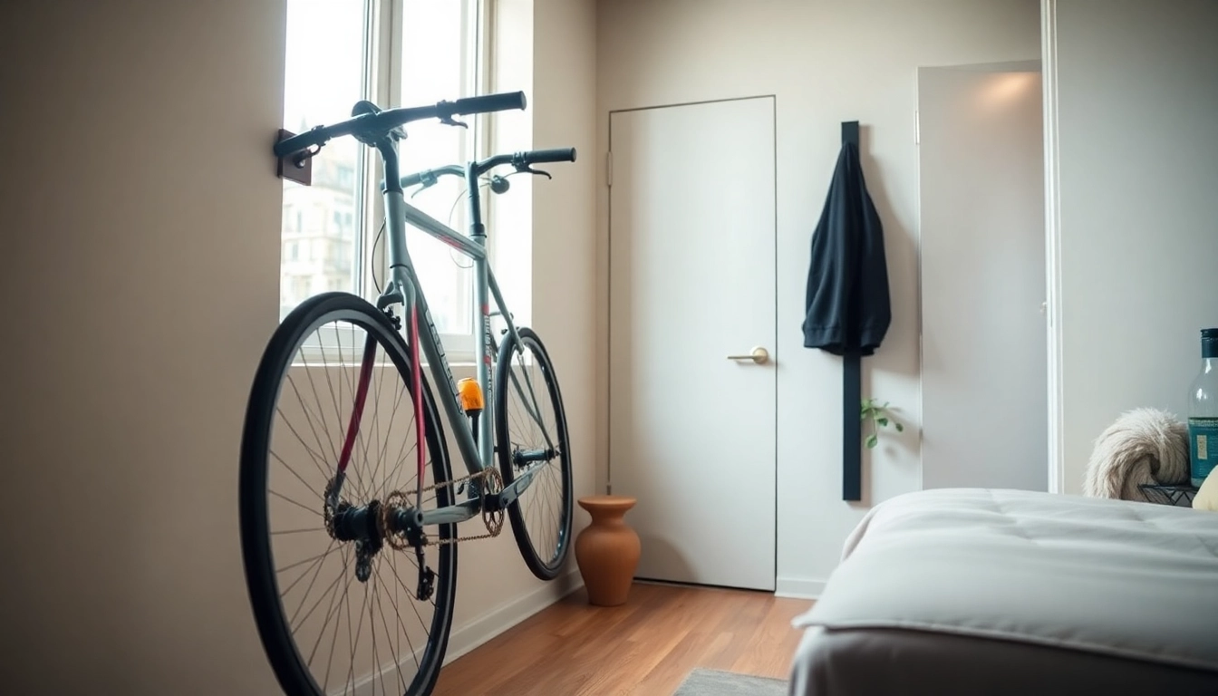 Utilizing efficient apartment bike storage with a stylish vertical bike rack in a small living space.