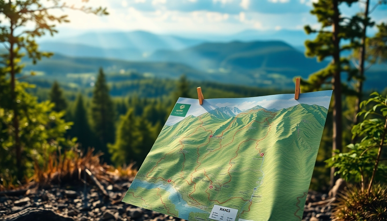 Explore a trail map beautifully displayed with a scenic forest backdrop, showcasing hiking routes.