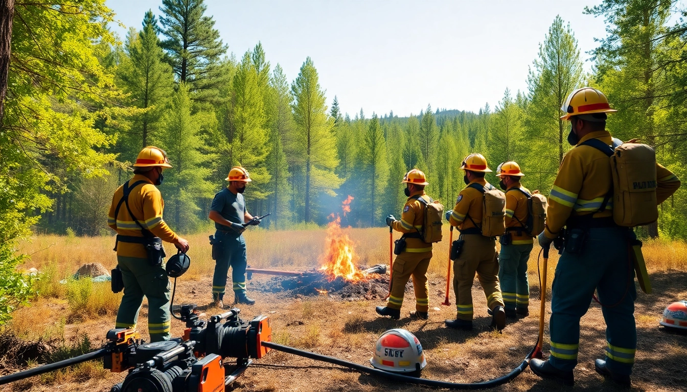 Firefighters managing wildfire events in a controlled burn, demonstrating safety and prevention techniques.