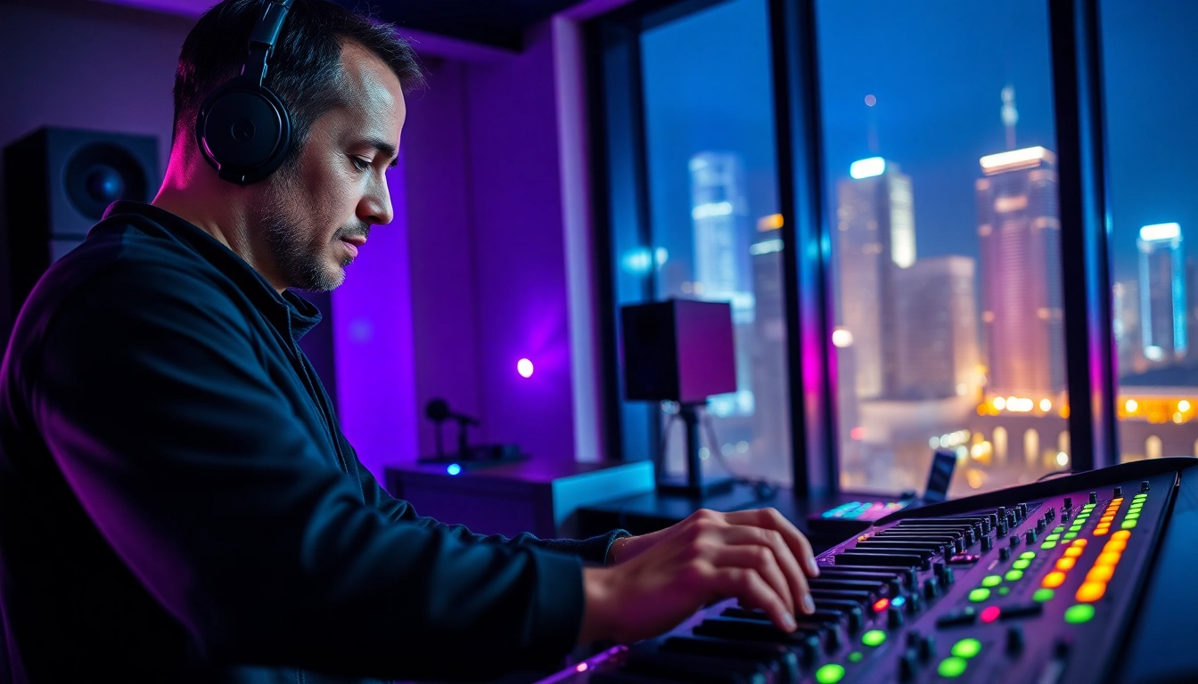 Crafting Drum and Bass presets in an energetic studio setting with vibrant lighting.