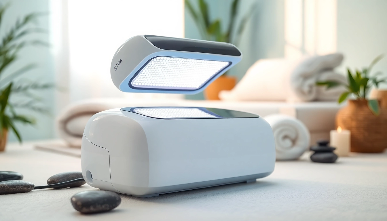 Utilize quasar lighttherapy device to enhance skin health in a tranquil spa environment.