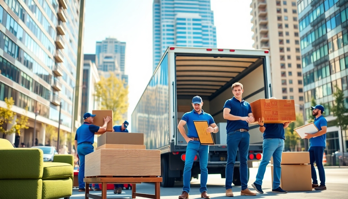 Movers Calgary team loading a truck showcasing professionalism and teamwork in a bright urban setting.