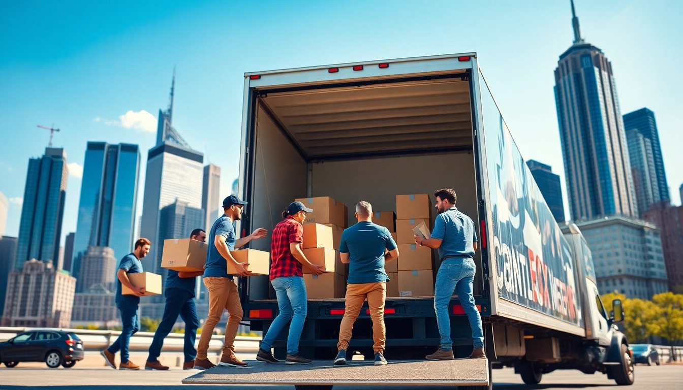 Best movers nyc team loading boxes against NYC skyline, showcasing professionalism and expertise.