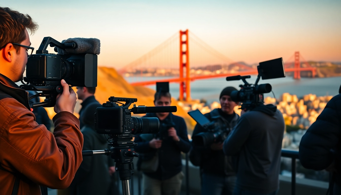 Engaging video production san francisco scene capturing a creative team filming by the Golden Gate Bridge.