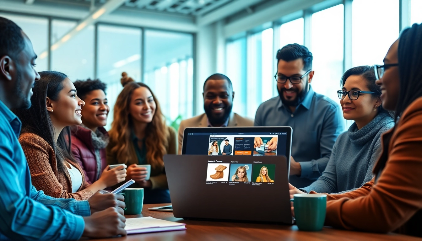 Engaged entrepreneurs discussing wholesale products to sell on Amazon in a modern office.