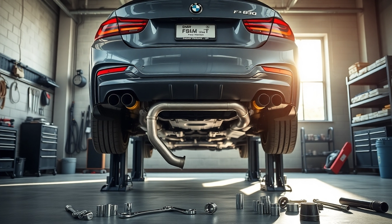 Showcasing an F80 midpipe installation with tools and a BMW in a garage setting.