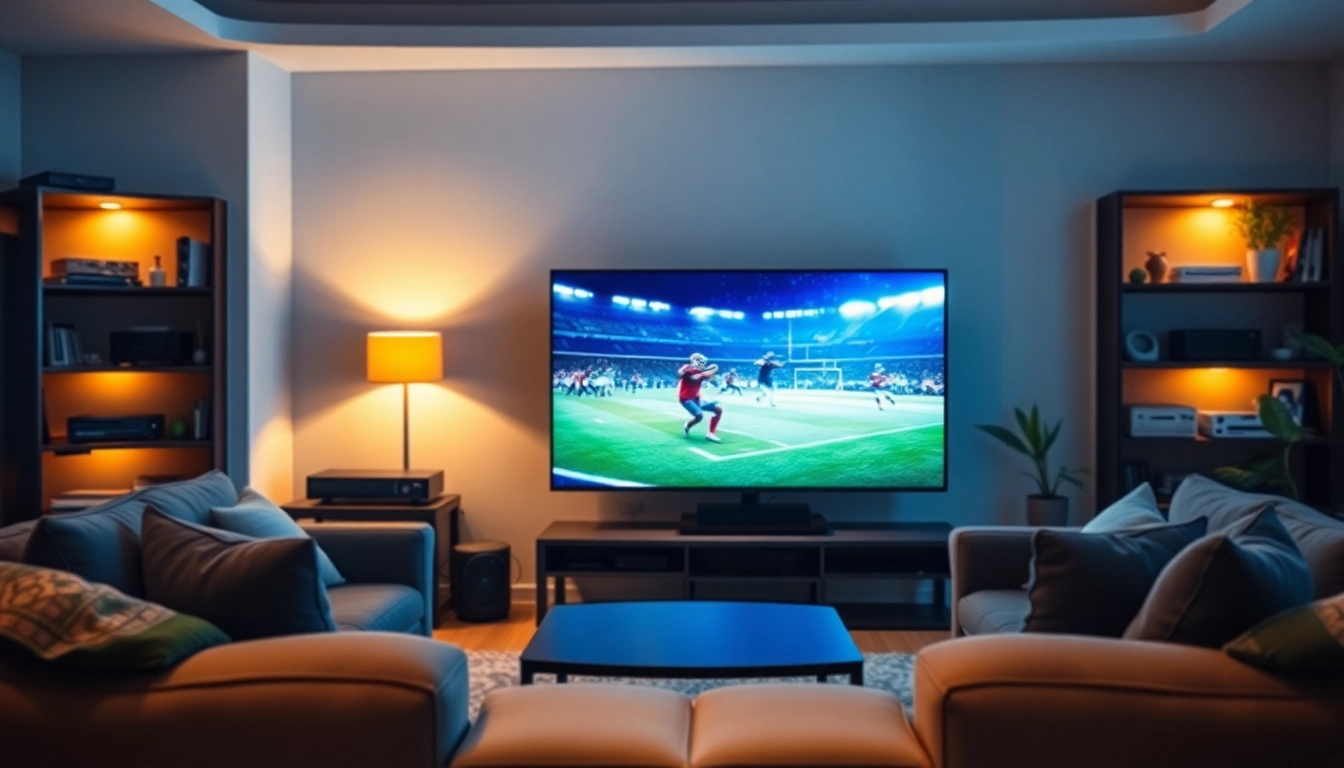 Compra IPTV en una sala de entretenimiento moderna con TV inteligente y canales vibrantes.