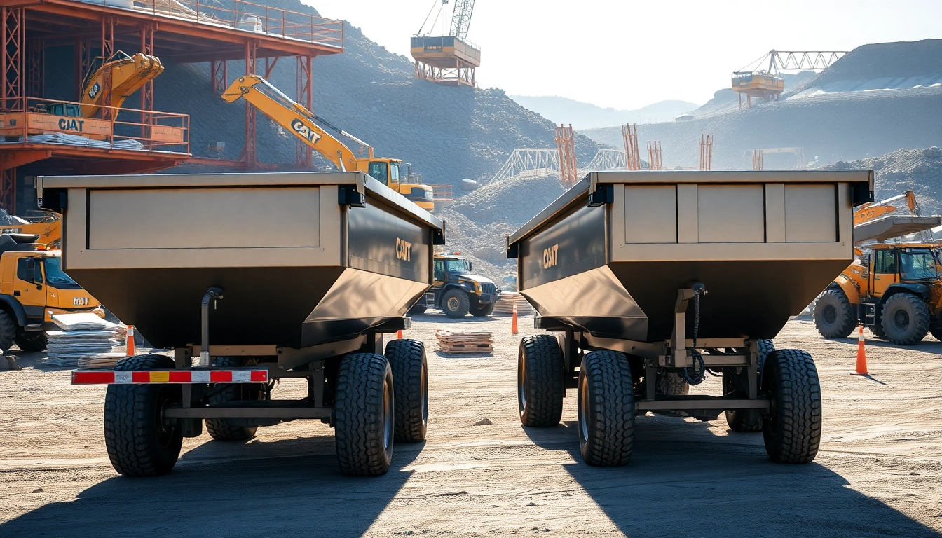 Hydraulic dump trailers for sale displayed prominently on a construction site, highlighting their robust features.