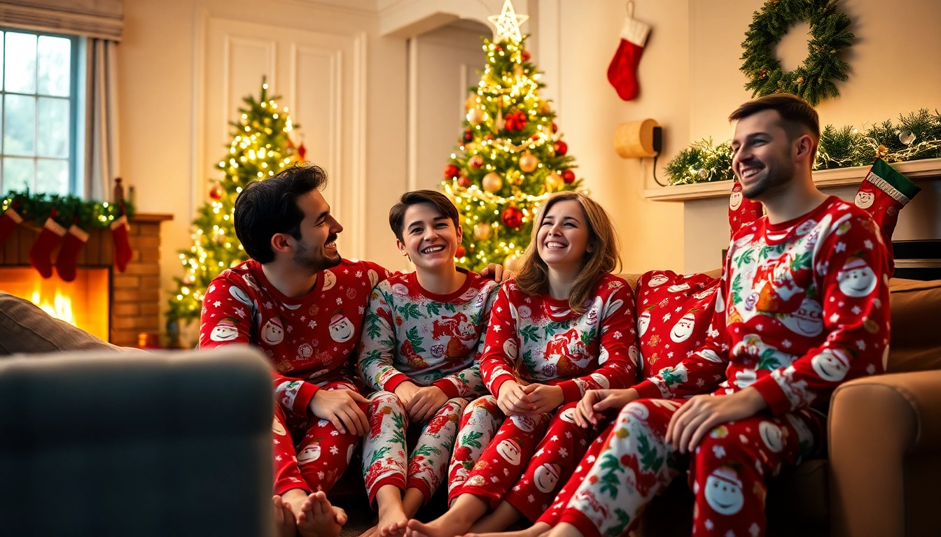 Families enjoying enchanting moments in matching Jammies Christmas pajamas in a cozy living room.