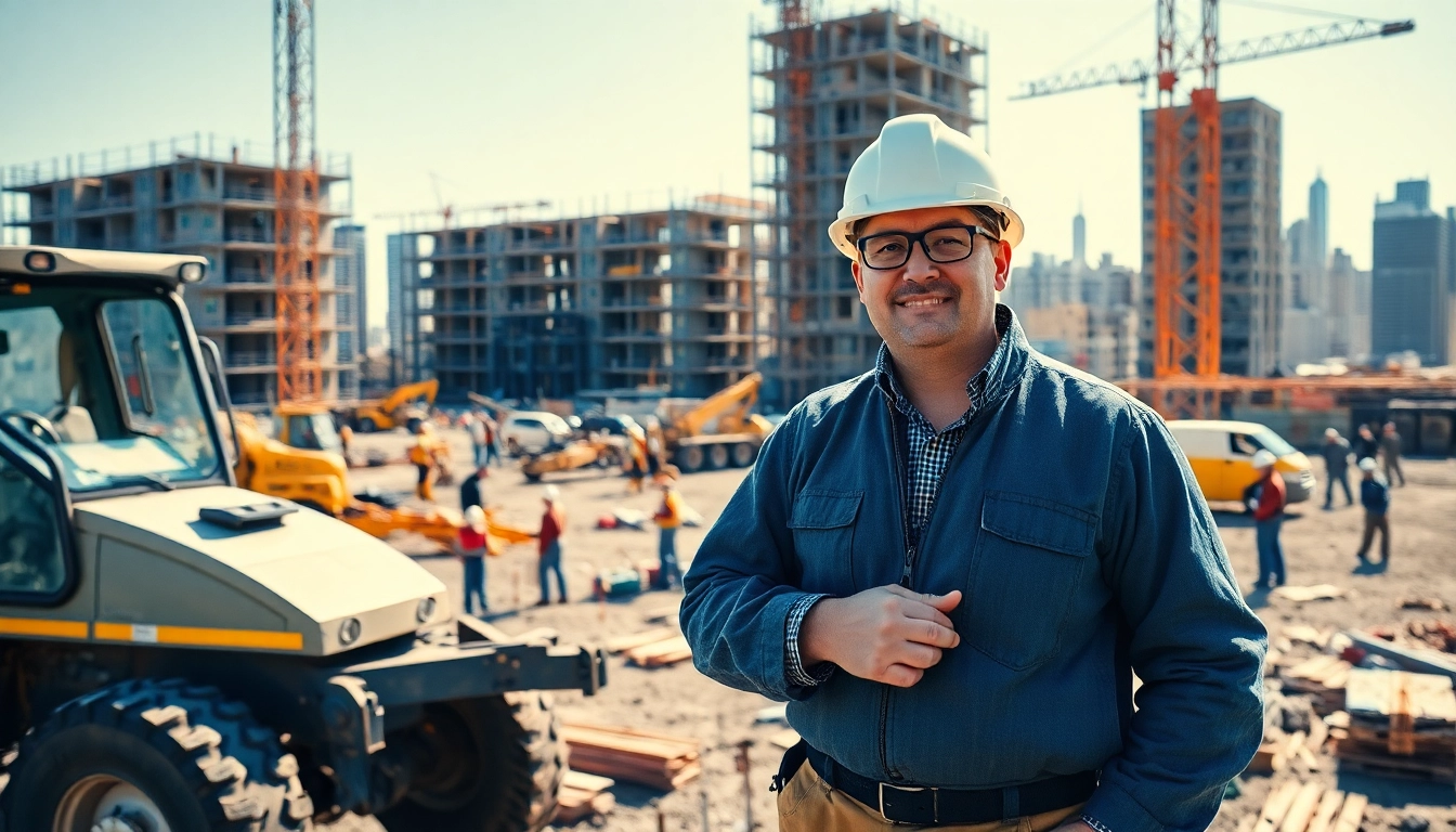 Manhattan General Contractor managing a bustling construction site with vibrant workers and machinery.