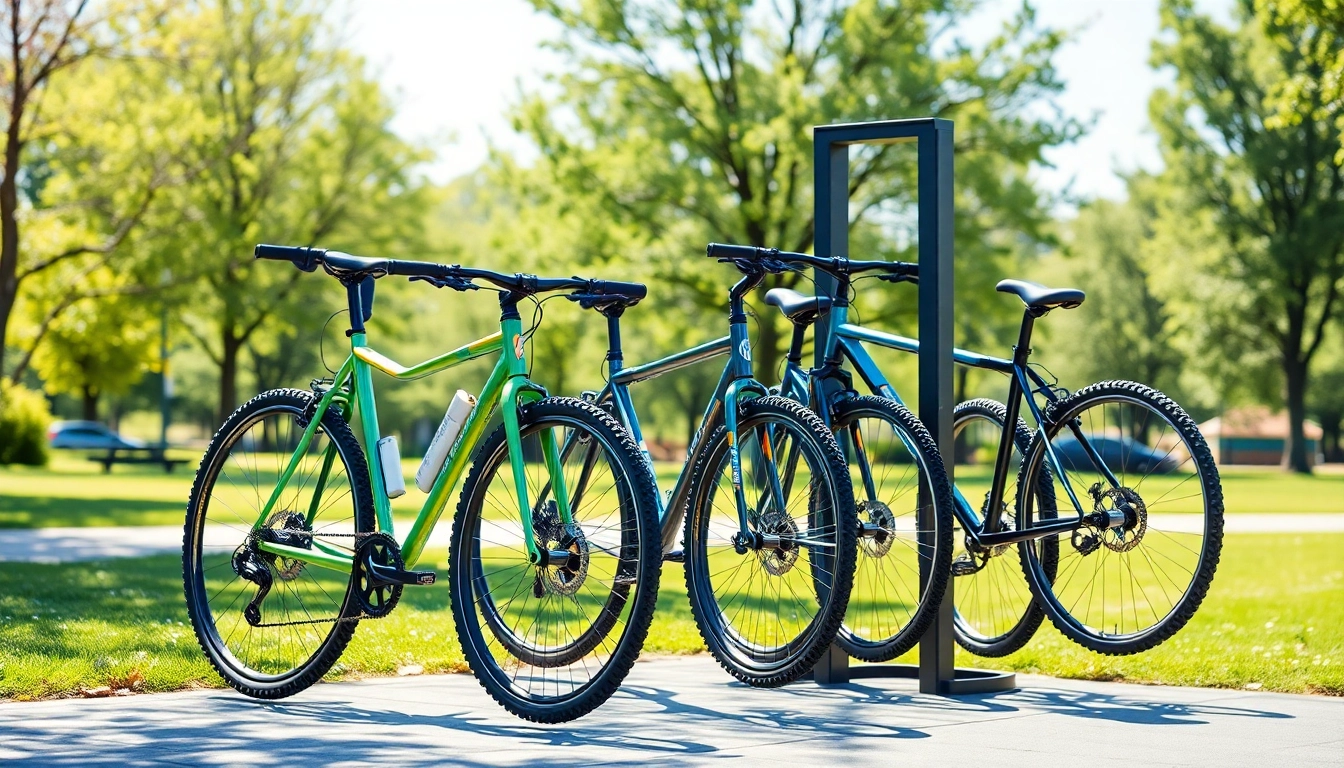 Display a vertical bike rack holding multiple bicycles in a scenic park setting.
