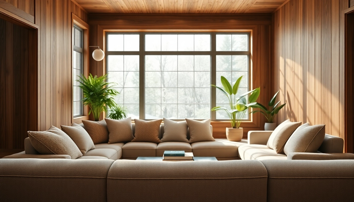 Showcasing wood interior walls, this living room features a cozy sofa and natural light.