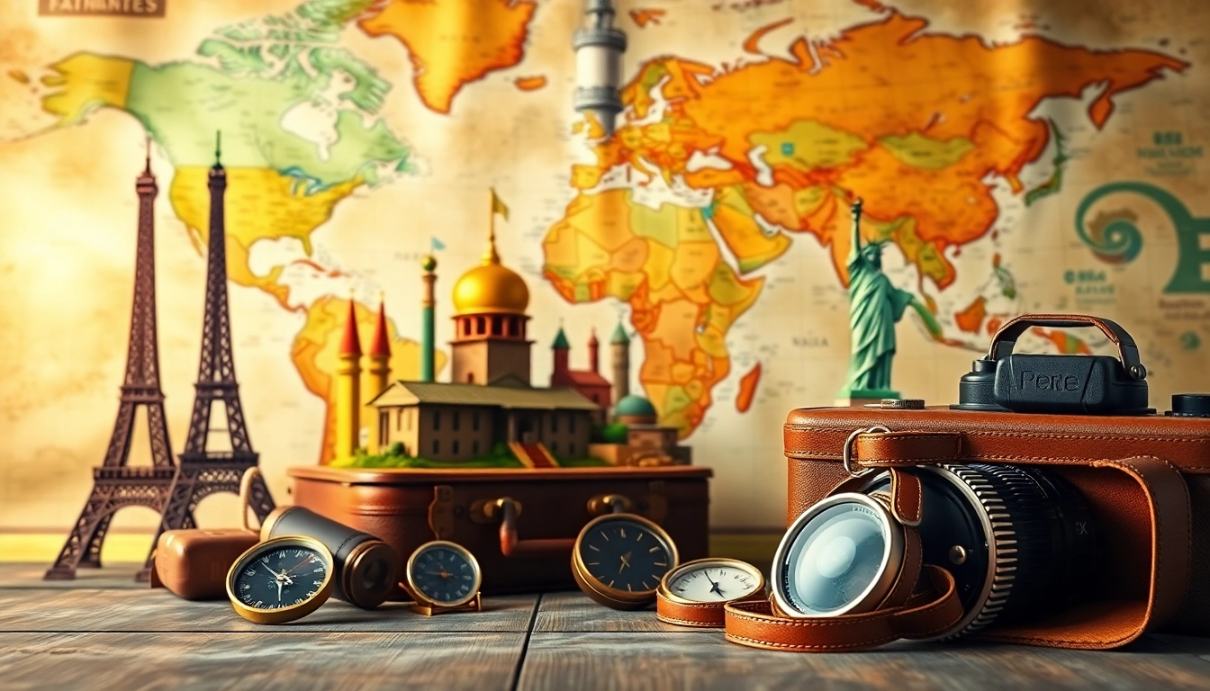 Highlighting popular travel destinations with a vintage suitcase and landmarks for wanderlust.