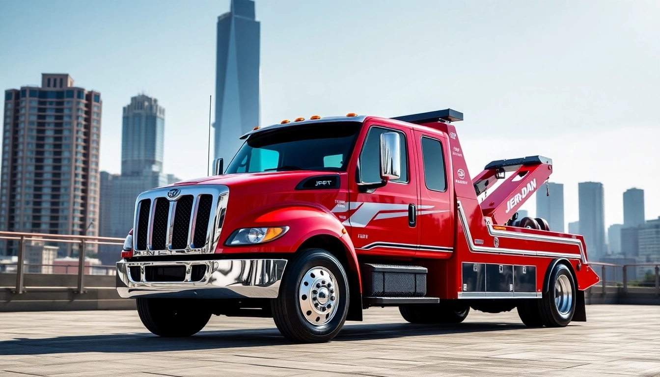 Jerr Dan towing truck displayed in an urban setting, emphasizing design and functionality.